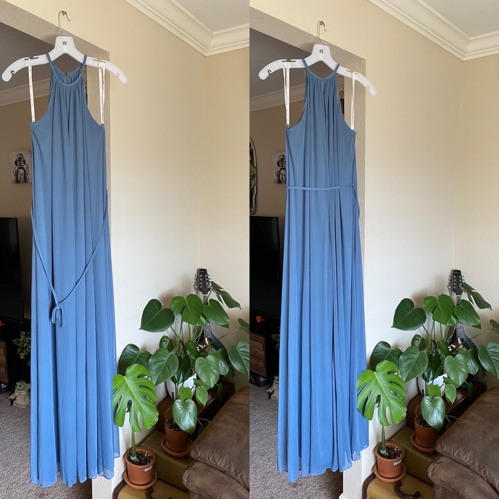 David’s Bridal Steel Blue Halter Bridesmaid Maxi Dress Size 4